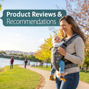 A cheerful mother carrying her baby in a comfortable baby carrier while walking along a scenic lakeside path, with autumn trees and families enjoying the outdoors in the background.