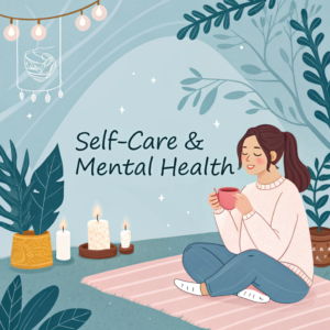 An illustrated depiction of a relaxed mother enjoying a warm drink while seated on a cozy rug surrounded by plants and glowing candles, symbolizing mindfulness and self-care.