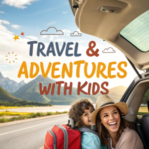 A cheerful mother and her young son sitting in the back of a car packed for a road trip, with scenic mountains and a river in the background under a bright blue sky.