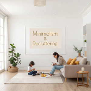 A serene, minimalist living room featuring a mother and her child organizing items together on a neutral-toned rug, with a clean and organized backdrop of natural plants and modern decor.