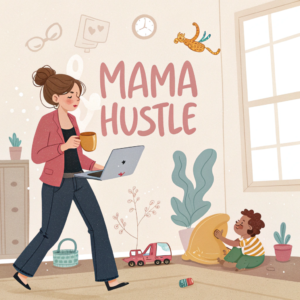 An illustrated scene of a busy mom juggling tasks, holding a coffee cup and working on a laptop, while her toddler plays with a pillow in a vibrant, cluttered home environment.