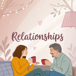 A cozy illustration of a couple sharing a cup of coffee together in a warm, intimate setting, surrounded by heart-shaped decorations and soft, pastel colors.