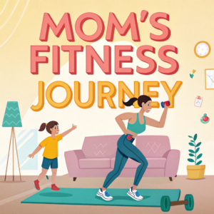 A playful, illustrated moment of a mom doing exercises on a yoga mat in the living room while her young daughter enthusiastically mimics her moves, surrounded by a cheerful home environment.