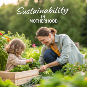 A mother and her young child gardening together in a lush green backyard, harvesting fresh produce into a wooden crate, emphasizing eco-friendly and sustainable parenting practices.