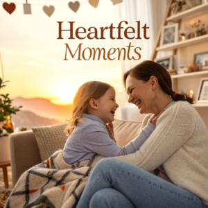 A warm, candid moment of a mother and daughter laughing together on a couch, wrapped in a cozy blanket, with a golden sunset glowing through the window.