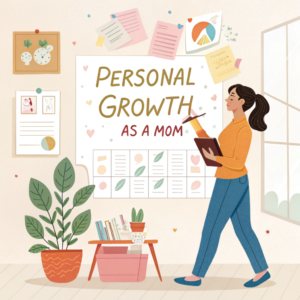 An illustrated scene of a mom standing confidently in front of a vision board filled with notes and plans, holding a notebook and pen, representing personal growth and ambition within motherhood.