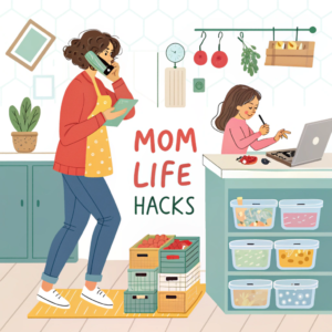 An illustrated scene of a busy mom juggling tasks, holding a coffee cup and working on a laptop, while her toddler plays with a pillow in a vibrant, cluttered home environment.